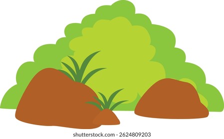 A simple illustration of a green bush with brown rocks and surrounding grass, designed in a natural and minimal style.