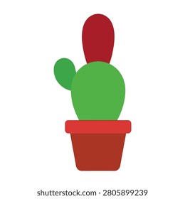 A simple illustration of a green cactus plant in a red pot on a white background