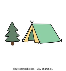 A simple illustration of a green camping tent and a pine tree, perfect for representing outdoor adventures or camping themes.