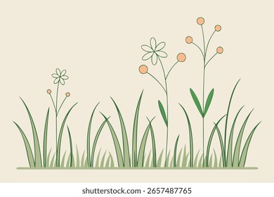 Una ilustración simple de hierba verde con flores silvestres delicadas y cogollos de naranja en subgrupos delgados contra un fondo beige claro.