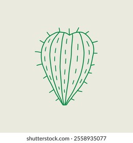 Simple illustration of a green heart-shaped cactus with line art. Vector hand drawn line art illustration