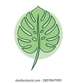 Simple illustration of a green monstera leaf on a light green background, perfect for nature and plant enthusiasts, botanical designs