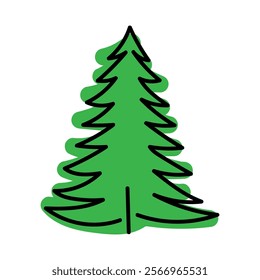 Simple illustration of a green pine tree with black outlines in a playful style