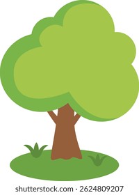 Eine einfache Illustration eines grünen Baumes mit einem braunen Stamm, sitzend auf einem Fleck Gras, entworfen in einem minimalen Stil.