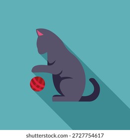 Simple illustration of a grey cat playing with a red ball of yarn on a turquoise background