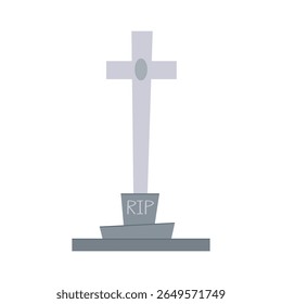 A simple illustration of a grey cross shaped tombstone. Halloween themed element with spooky and fun atmosphere.
