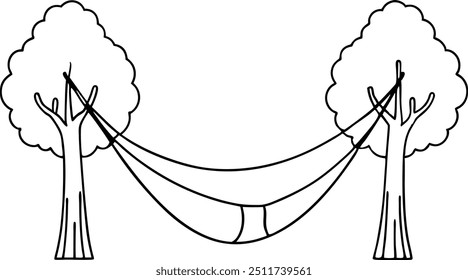 Ilustração simples de uma rede que se estende entre duas árvores em um cenário exterior relaxante