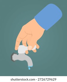 Simple illustration of hand closing a water tap. Ideal for eco water saving themes. 
