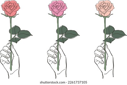 Eine einfache Illustration einer Hand, die eine einzelne Rose hält, rosafarbene Farbvariationen