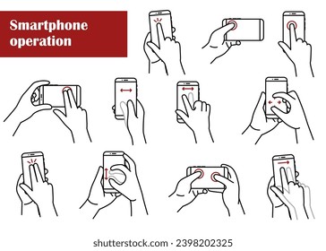 Einfache Illustration einer Hand, die ein Smartphone bedient. Aktionen zum Betreiben von Telefonikonen. Vektorgrafik EPS10