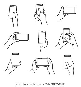 Einfache Darstellung einer Hand, die ein Smartphone bedient. Aktionen, um ein Telefon-Symbole zu bedienen. Vektorgrafik EPS10