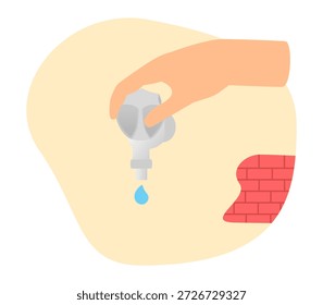 Ilustración simple de la mano que cierra un grifo de agua. Perfecto para el concepto de ahorro de agua ecológico