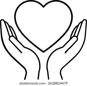 Simple illustration of hands holding a heart symbolizing love care and support in monochrome