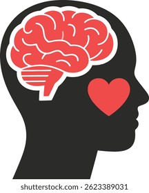 Simple illustration of a head silhouette with a brain and heart, symbolizing love and intelligence.