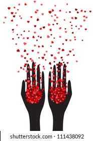 Simple illustration of hearts falling from hands
