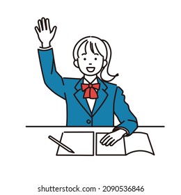 It is a simple illustration of a high school girl or a junior high school girl raising her hand during class.Vector data that is easy to edit.