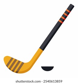 A simple illustration of a hockey stick and puck, perfect for use in sports-themed designs, icons, or presentations.  The flat design style makes it easy to integrate into various projects.