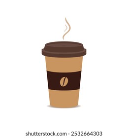 A simple illustration of a hot coffee cup with a brown lid and a matching sleeve featuring a coffee bean logo. Steam rises from the cup, making it perfect for cafe or coffee-related designs.