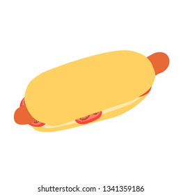 Simple illustration of hot dog with tomatoes isolated on white background. Symbol of fast food