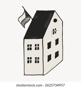 Simple illustration of a house with a flag. Black and white house with windows. Minimalist house design with a flag. Artistic house drawing. Vintage illustration vector.