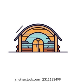 A simple illustration of a house icon with a roof and a potted plant on it. a cabin icon. Wooden house in the forest vector icon. camp sign cartoon style icon. 