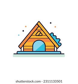 A simple illustration of a house icon with a roof and a potted plant on it. a cabin icon. Wooden house in the forest vector icon. camp sign cartoon style icon. 