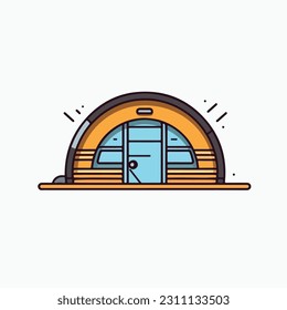 A simple illustration of a house icon with a roof and a potted plant on it. a cabin icon. Wooden house in the forest vector icon. camp sign cartoon style icon. 
