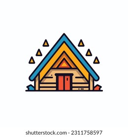 A simple illustration of a house icon with a roof and a potted plant on it. a cabin icon. Wooden house in the forest vector icon. camp sign cartoon style icon. 
