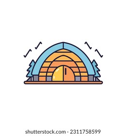 A simple illustration of a house icon with a roof and a potted plant on it. a cabin icon. Wooden house in the forest vector icon. camp sign cartoon style icon. 