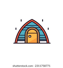A simple illustration of a house icon with a roof and a potted plant on it. a cabin icon. Wooden house in the forest vector icon. camp sign cartoon style icon. 