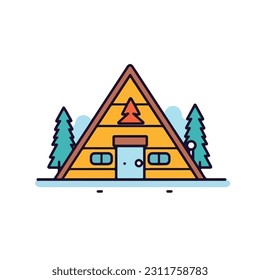 A simple illustration of a house icon with a roof and a potted plant on it. a cabin icon. Wooden house in the forest vector icon. camp sign cartoon style icon. 