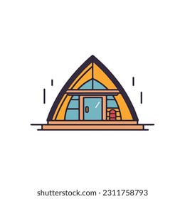 A simple illustration of a house icon with a roof and a potted plant on it. a cabin icon. Wooden house in the forest vector icon. camp sign cartoon style icon. 