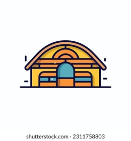 A simple illustration of a house icon with a roof and a potted plant on it. a cabin icon. Wooden house in the forest vector icon. camp sign cartoon style icon. 