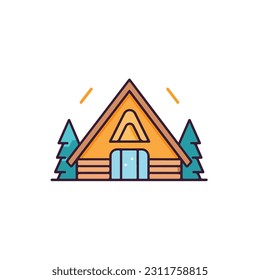 A simple illustration of a house icon with a roof and a potted plant on it. a cabin icon. Wooden house in the forest vector icon. camp sign cartoon style icon. 