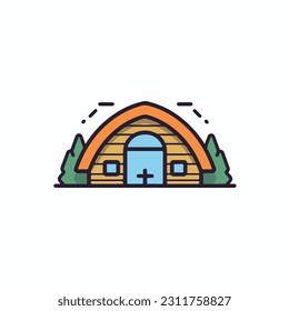A simple illustration of a house icon with a roof and a potted plant on it. a cabin icon. Wooden house in the forest vector icon. camp sign cartoon style icon. 