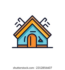 A simple illustration of a house icon with a roof and a potted plant on it. a cabin icon. Wooden house in the forest vector icon. camp sign cartoon style icon. 