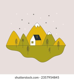 Simple illustration of house with mountains. Autumn and winter. Vector flat illustration in doodle style. Camping. Illustration in minimalist style for design