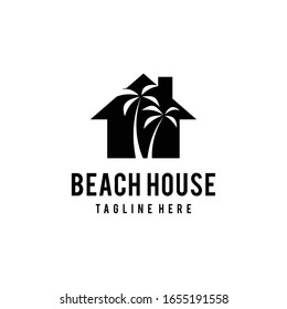 Simple Illustration Of A House On Beach With A Coconut Tree Logo Design