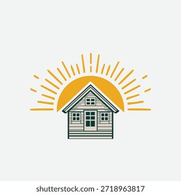 Simple illustration of a house with a sun behind it on a light gray background with yellow sun rays