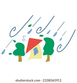 Simple ilustración de una casa y árboles siendo golpeados por la lluvia de tifones y fuertes vientos.