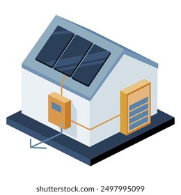 Ilustración simple de una casa que utiliza energía renovable, eco hogar con paneles solares con almacenamiento de energía.