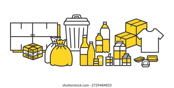 Ilustración simple de tipos de residuos domésticos y reciclaje.