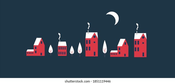 simple illustration from the houses in the winter at night, background, landscape, banner, web