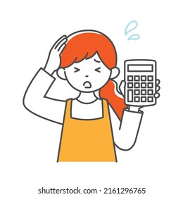 It is a simple illustration of a housewife holding a calculator and holding her head.Vector data that is easy to edit.