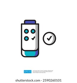 a simple illustration icon of a battery with three indicator dots and a checkmark symbol, suggesting a fully charged or functional status