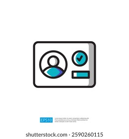 A simple illustration icon of an identification card featuring a person silhouette, a checkmark, and a bar, symbolizing verification or authentication.