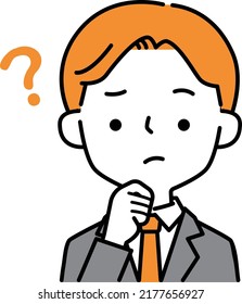 Simple illustration icon of a man in a suit with a thinking expression and pose and a question mark