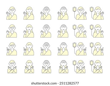 Um simples conjunto de ícones ilustração de várias poses e expressões faciais de pacientes.