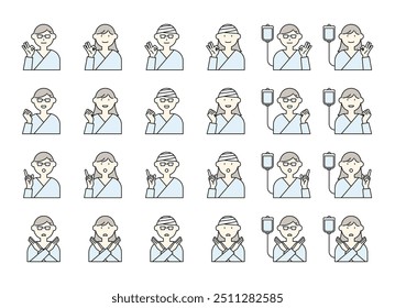 Eine einfache Illustration Icon Set von verschiedenen Posen und Gesichtsausdrücke von Patienten.