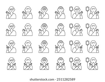 A simple illustration icon set of various poses and facial expressions of patients.